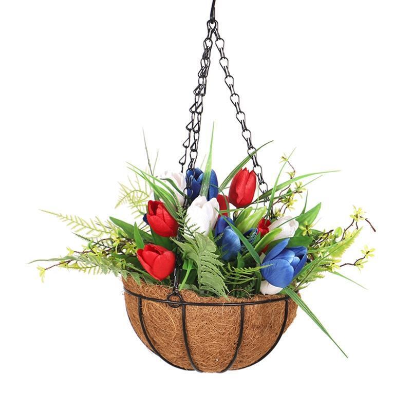 Metal Coir Hanging Basket Red White Blue Tulip Flower Pot Organizer Holder