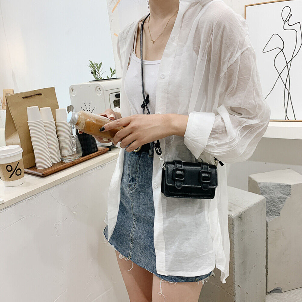 Candy Color Crossbody Bag Women PU Belt Buckle Mini Shoulder Pouch (Black)