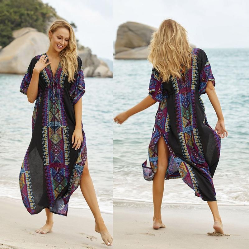Women Geometry Print Boho V-Neck Bikini Cover Up Half Sleeve Beach Dress Kaftans