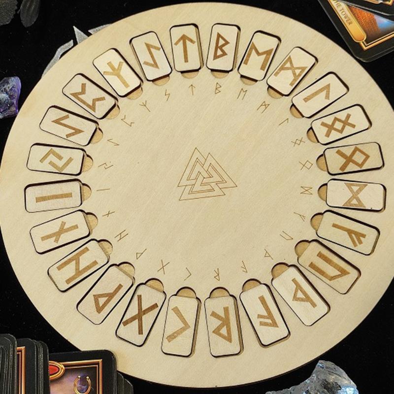 Wooden Runes Divination Engraved Board Wiccan Symbols Signs Altar Round Tile