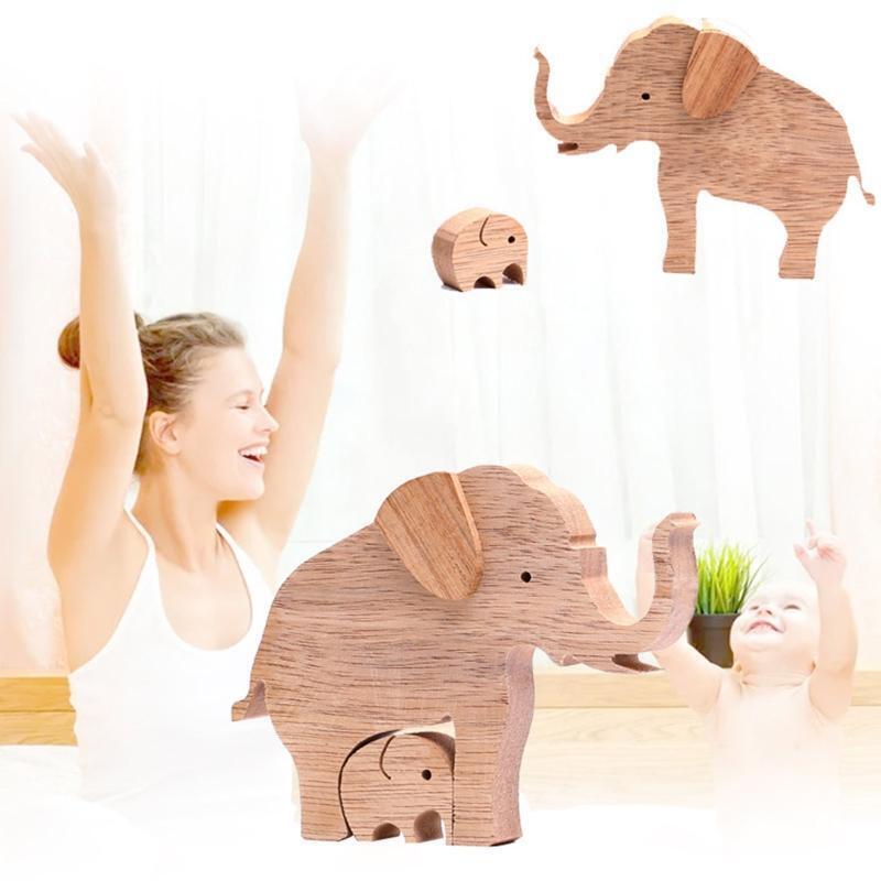 Elephant Mother and Child Family Wood Carving Ornament Table Decor