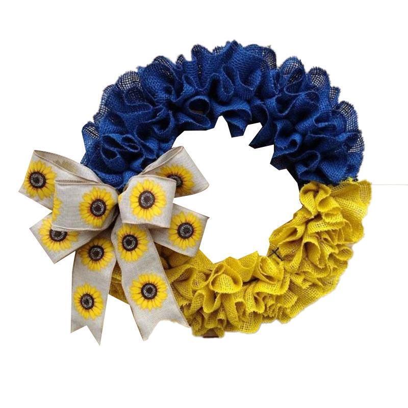 Ukraine Flag Ruffled Front Door Wreath with Sunflower Bowknot Garland Home Decor