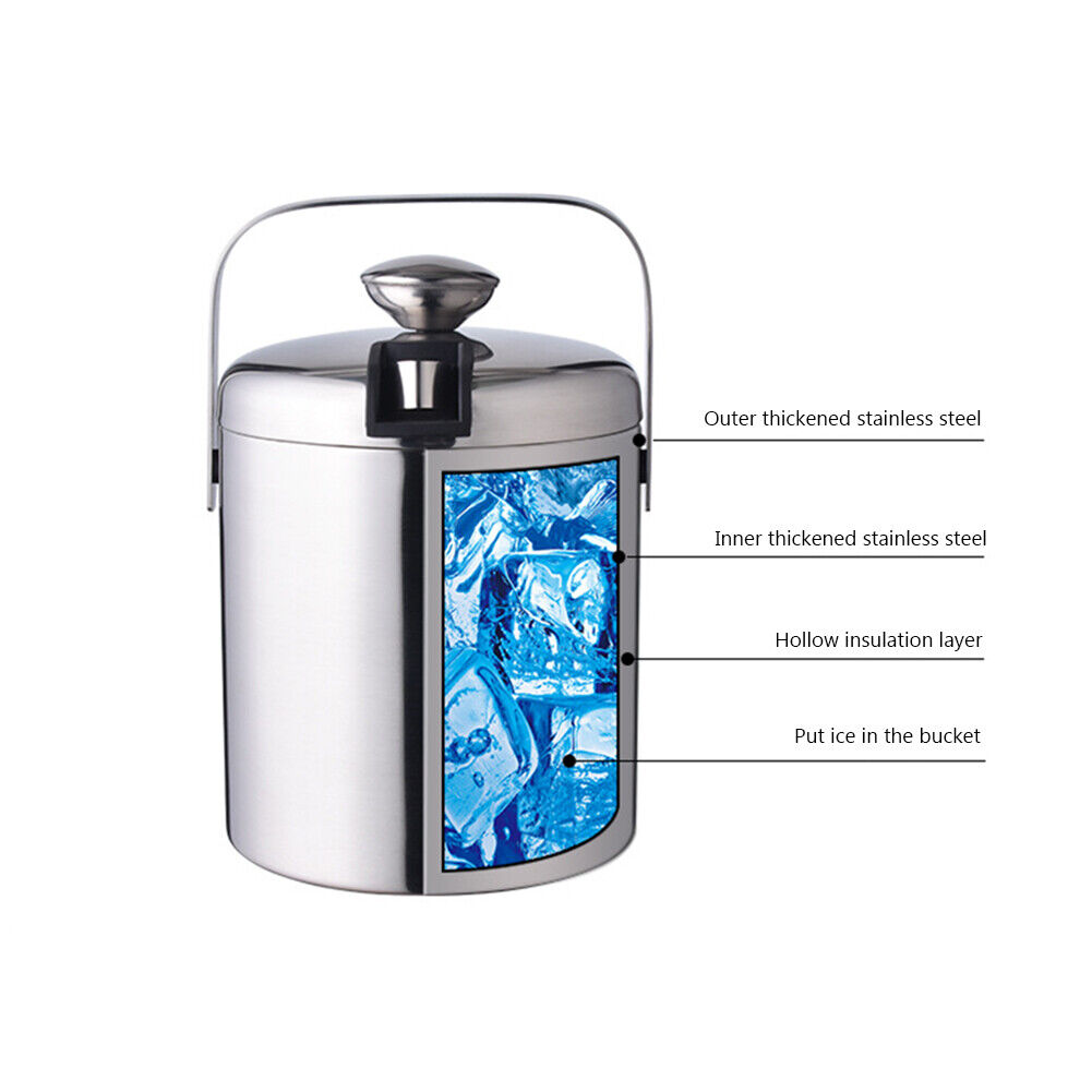 Wine Beer Ice Bucket Stainless Steel Bar Ice Cube Container with Tongs Clip
