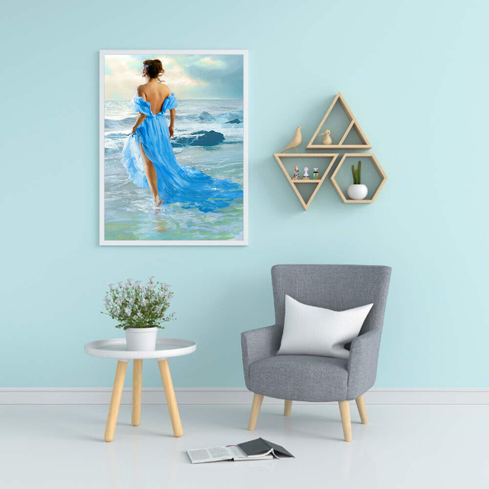 DIY Printed Seaside Girl Cross Stitch Kit Full Embroidery Canvas Home Decor