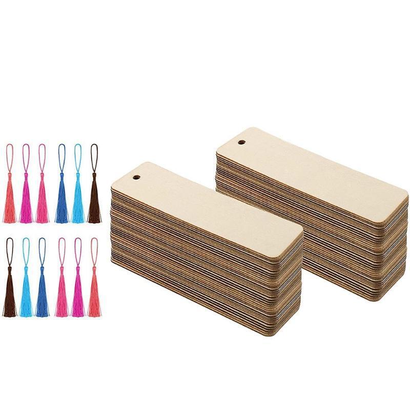 Set of 36 Pcs DIY Blank Bookmarks Unfinished Wood Hanging Tags Kit with Tassels