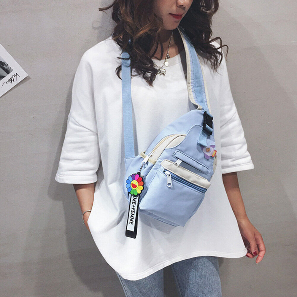 Nylon Crossbody Chest Bag Women Versatile Zipper Shoulder Backpack (Blue)