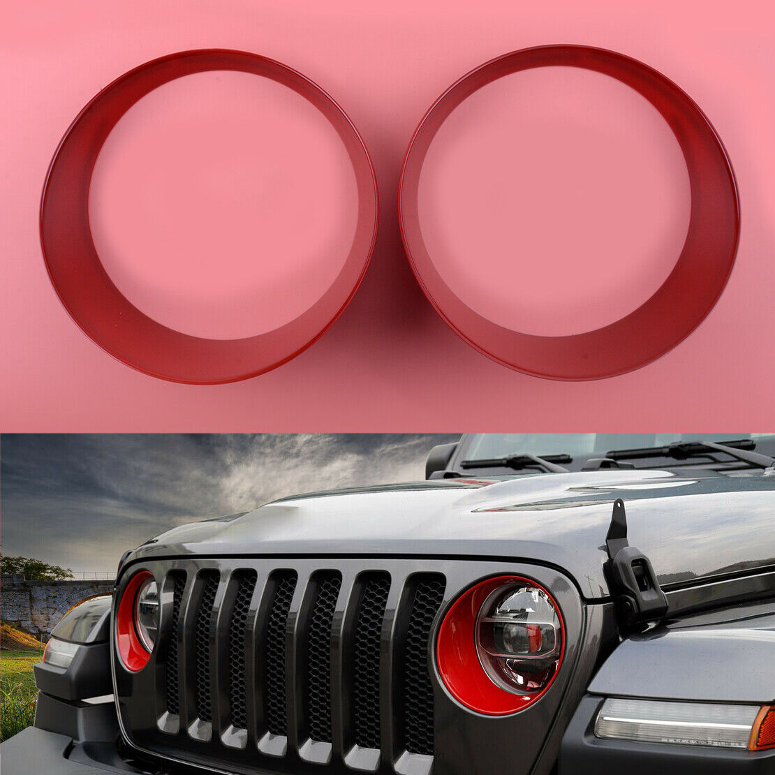 2Pcs Red Front Headlight Lamp Ring Cover Trim Fit For Jeep Wrangler JL 2018-2021