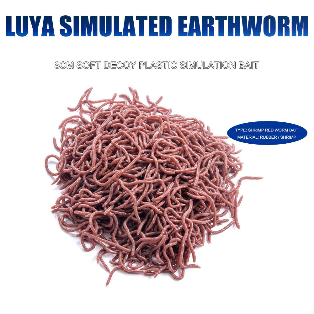 50pcs Red Worm Soft Lure Earthworm Shrimp Bass Fishing Bait (8cm Red Brown)