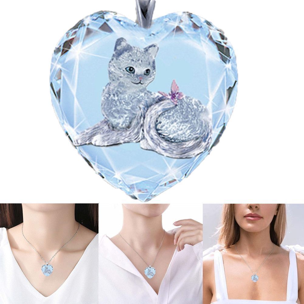 Party White Crystal Cat Pattern Pendant Heart Shaped Jewelry Women's Necklace