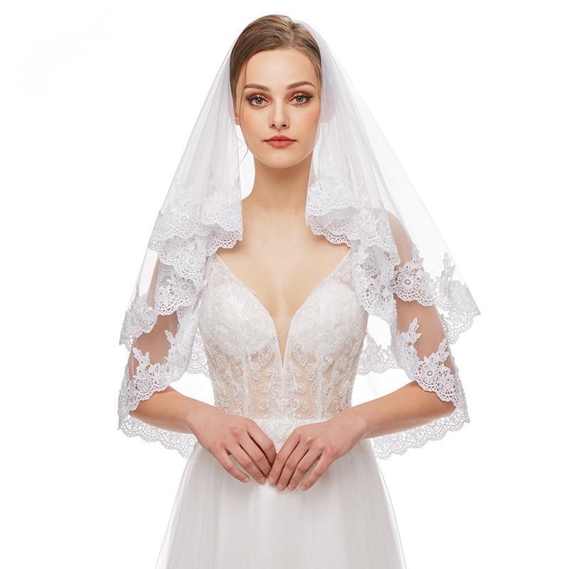 Bridal Veil with Comb 2 Tier Lace Applique Easy to Wear Elbow Length Sheer Tulle
