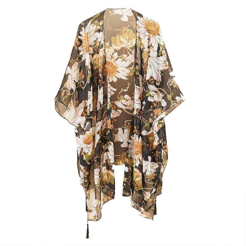 Women Boho Floral Print Kimono Cardigan Open Front Split Tassel Bikini Cover Up