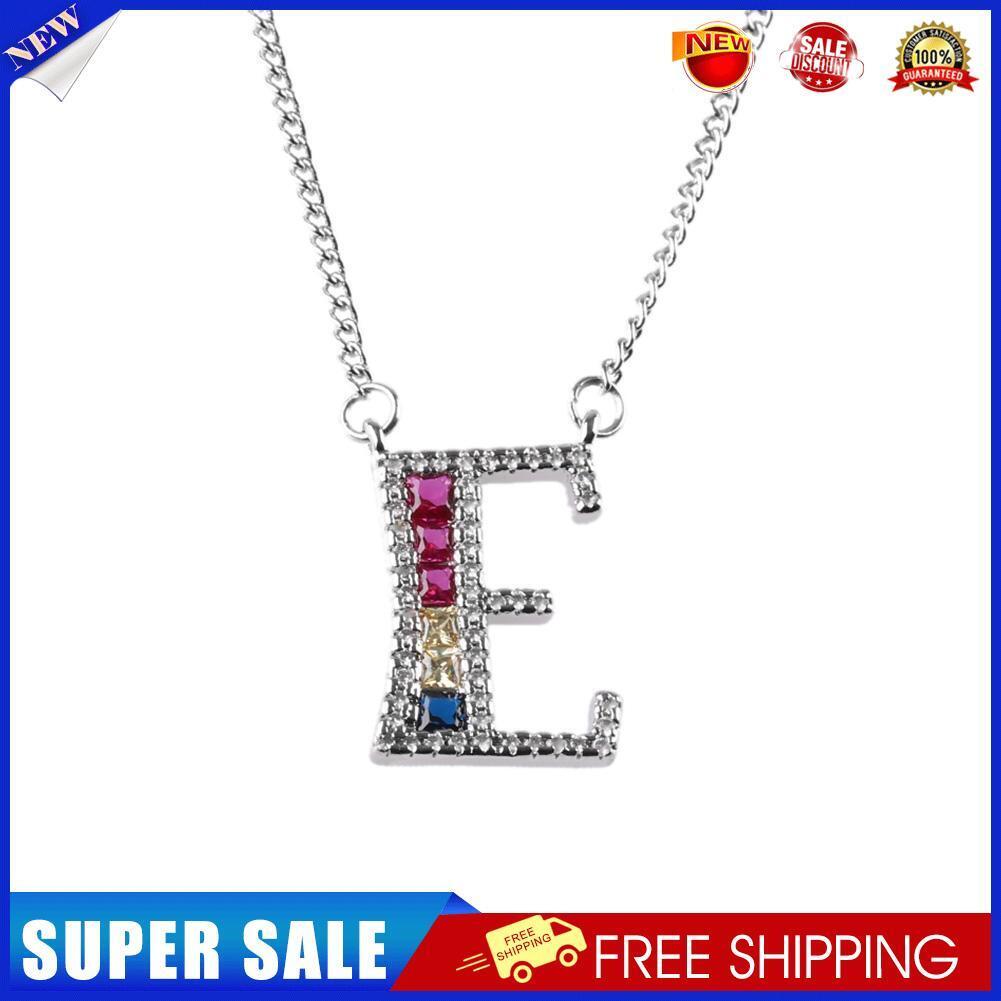 Women Necklace A-Z Letters Colored Diamond Pendant Chain Gift Jewelry (E