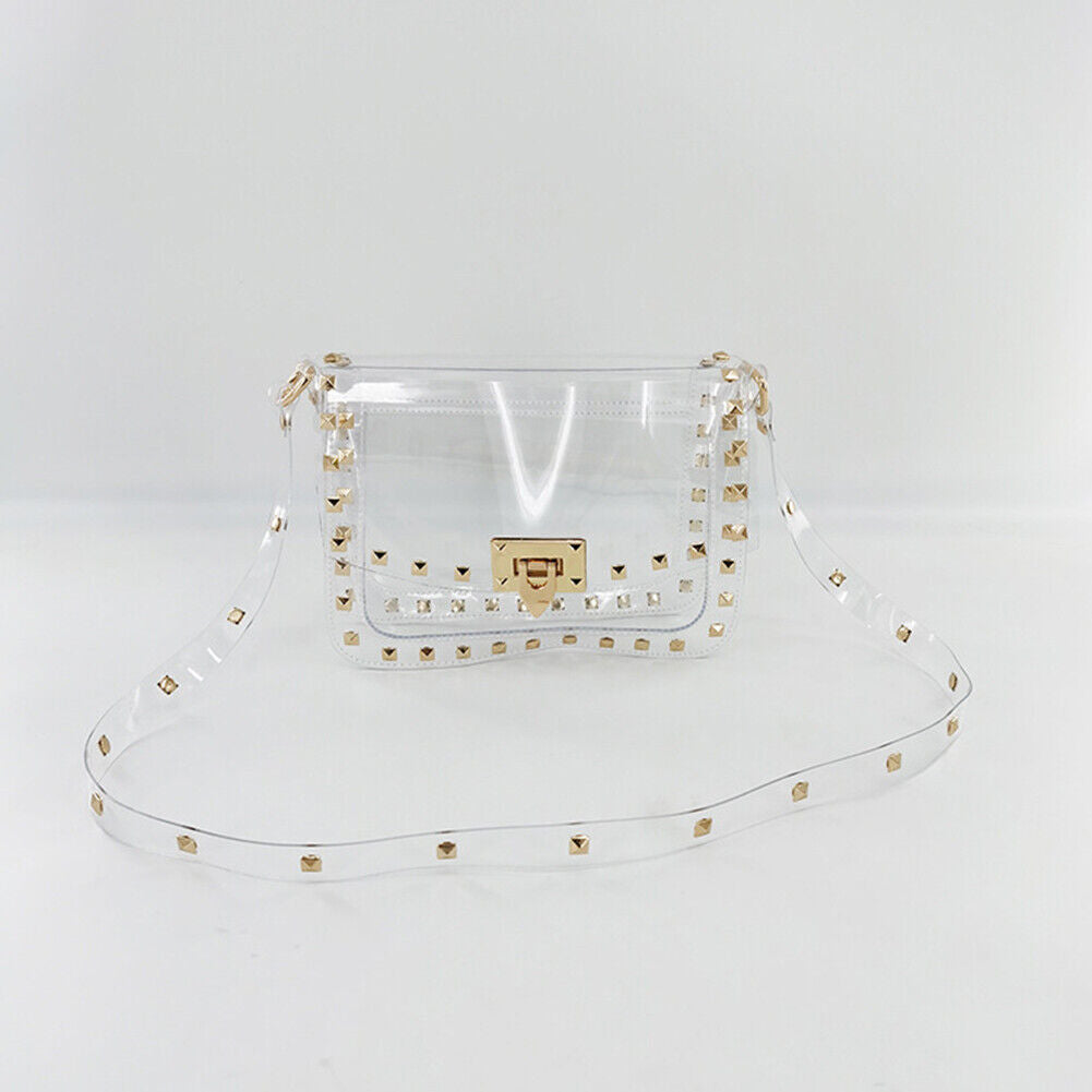 Women PVC Transparent Rivet Shoulder Bag Lady Casual Flap Crossbody Bag