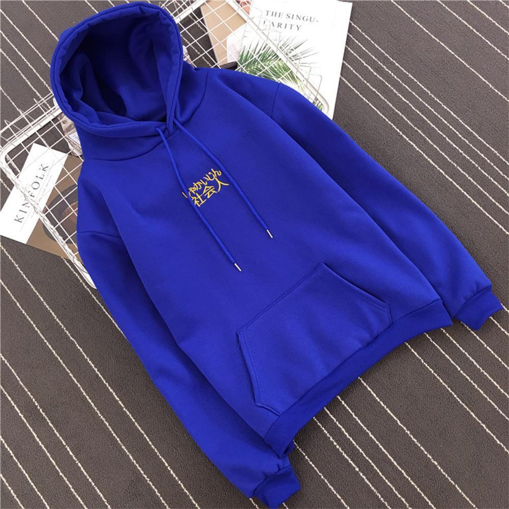 Casual Women Men Couple Winter Hoodies Loose Fleece Pocket Tops (Blue)(L)