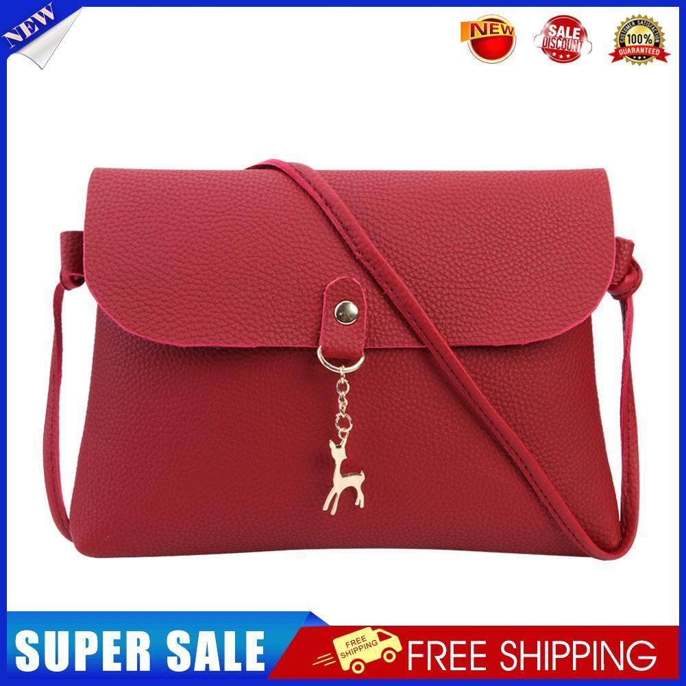 Simple Pure Color Deer Pendant Shoulder Handbags Women Crossbody Bags (Red)