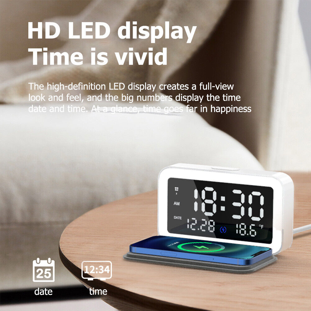 Alarm Clock with 15W Fast Wireless Charger Dimmable LED Display Night Light