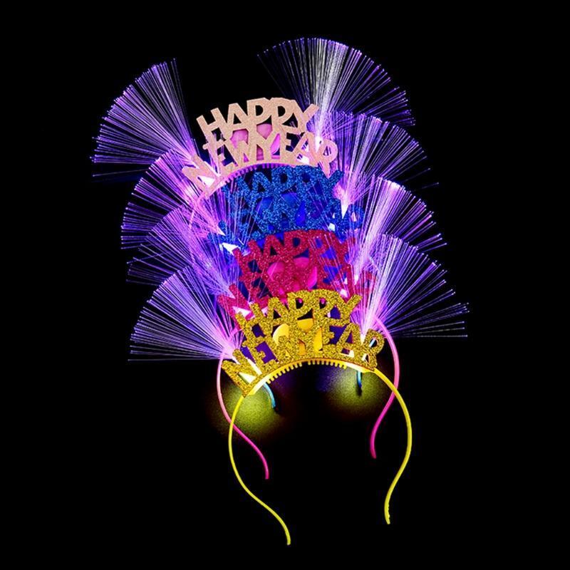 Women Girls Lovely LED Fiber Optic Ear Hair Hoop Glitter Happy New Year Letters