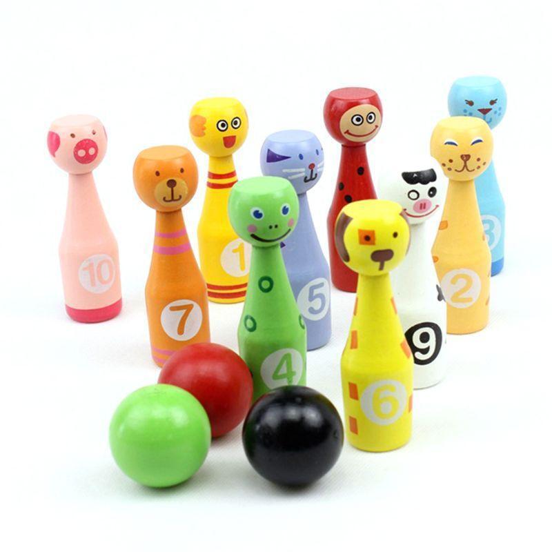 13pcs/set Wooden Bowling Set 10 Pins 3 Ball Animal Bowling Game for Children