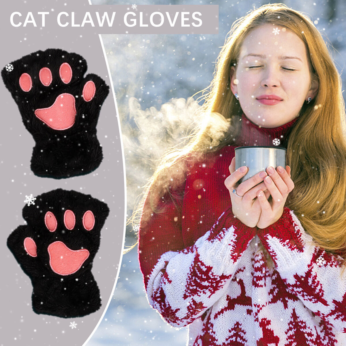 Cat Paw Gloves Durable Plush Cat Paw Fingerless Faux Fur Gloves (Black)