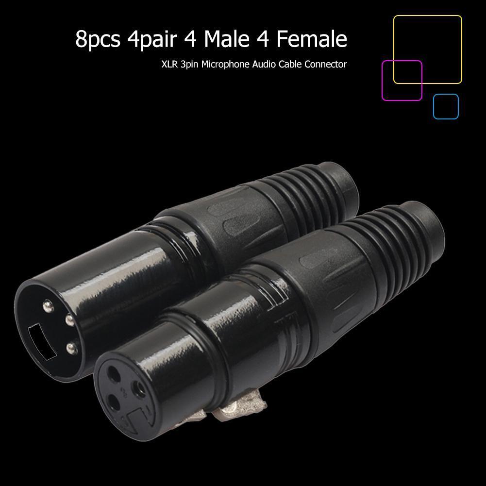 Black 8pcs 4 Male 4 Female XLR 3Pin Microphone Audio Cable Connectors Plugs
