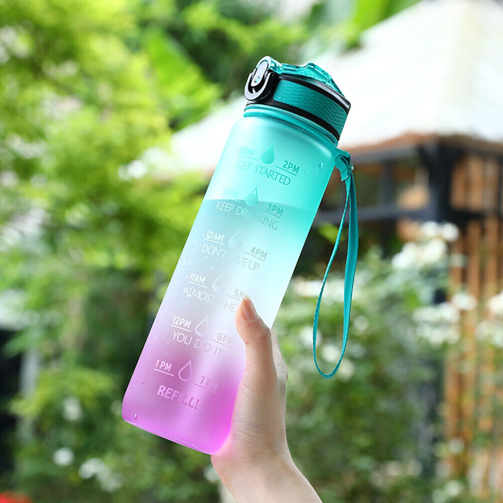 1000ml Water Bottle Time Scale Fitness Sports Bike Water Cup (Green+Purple)