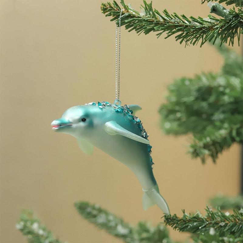 Christmas Tree Ornament Cute Glittered Glass Jeweled Dolphin Hanging Pendant