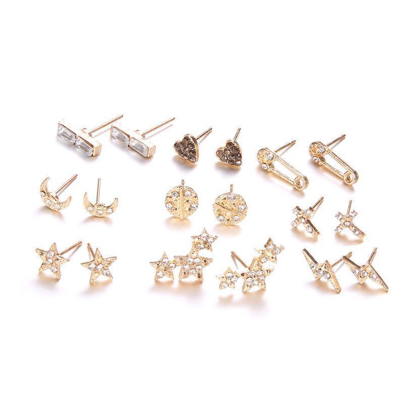 9Pcs Bohemian Cross Heart Stars Moon Squar Honeymoon Crystal Stud Earrings Kit