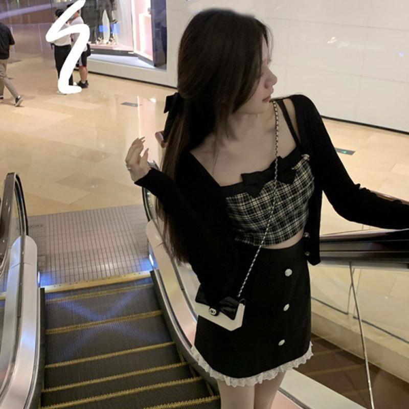 Women Spaghetti Strap Camisole Square Neck Plaid Print Bowknot Crop Top Vest