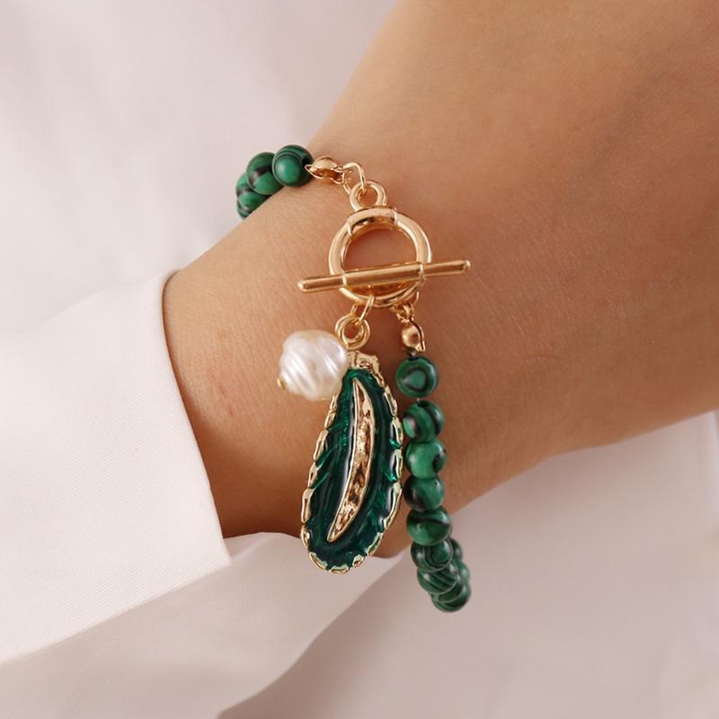 2 Pieces Malachite Drop Oil Necklace Leaves Bracelet Jewelry Decoration Pendant