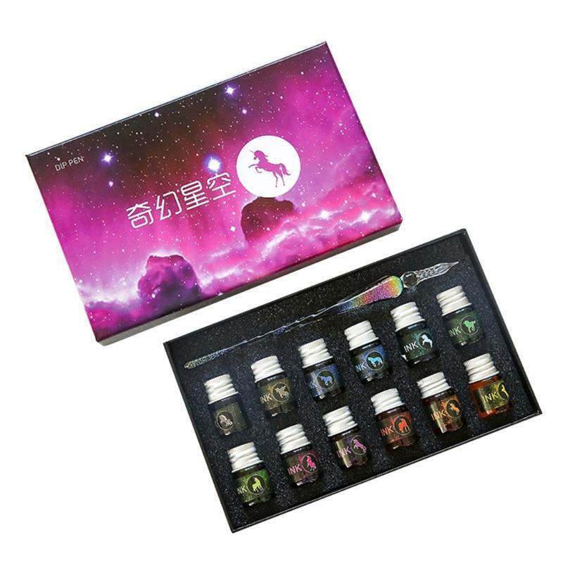 Glass Dip Pen Ink Crystal Pen with 12 Colorful Inks Gift for Beginners & Artist