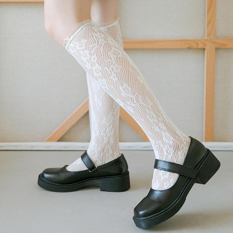 Women Fishnet Lace Knee High Socks Flower Vine Pattern Ruffle Trim Stockings