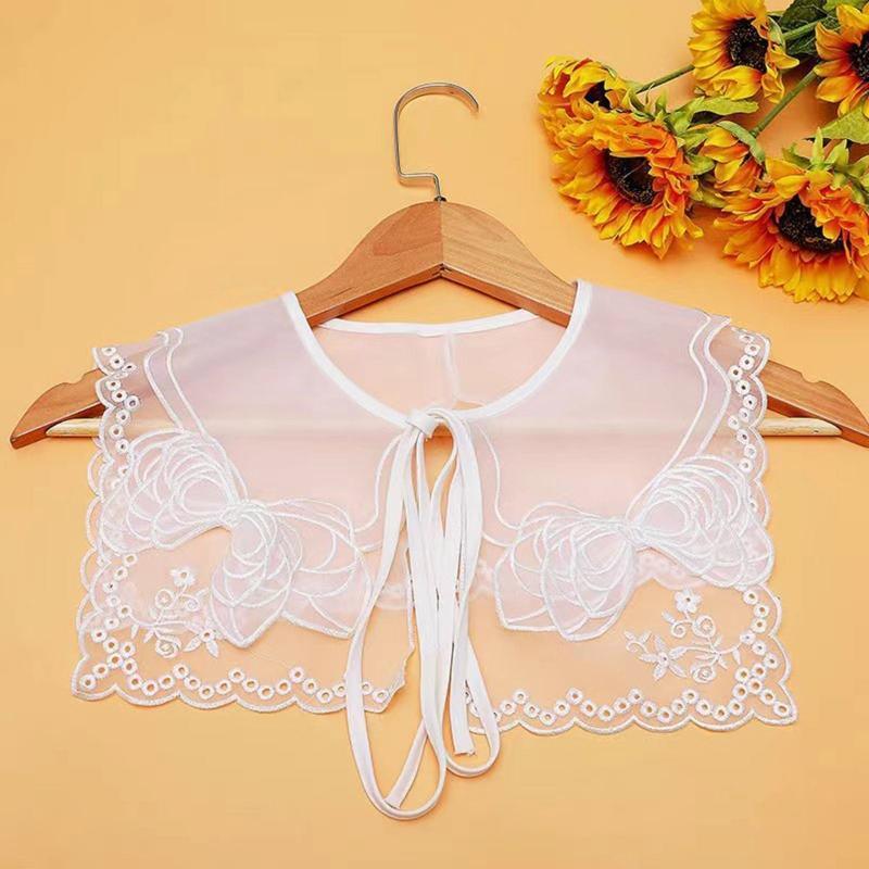 Women Double Layer Organza Collar Shawl Hollow Out Embroidery Bowknot Scarf Cape