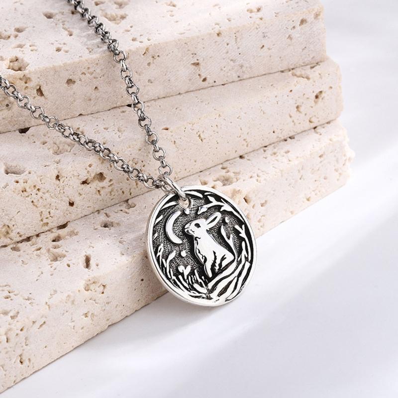 Rabbit Moon Medal Pendant Necklace Round Cute Animal Bunny Jewelry ChainNecklace