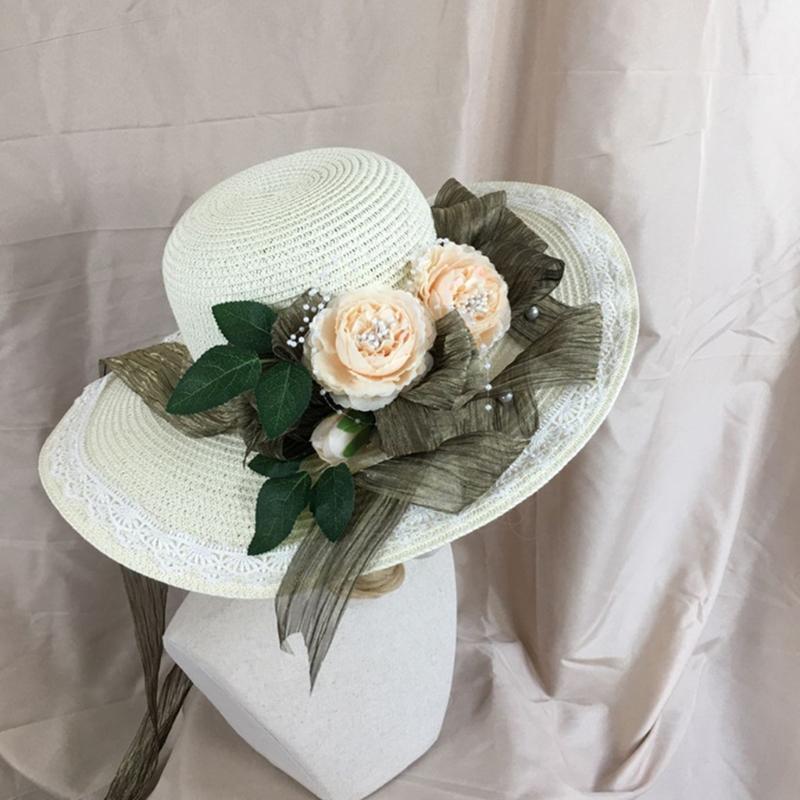 Lace Breathable Straw Hat Flower Rose Ribbon Caps with Wide Edge for Womens Girl