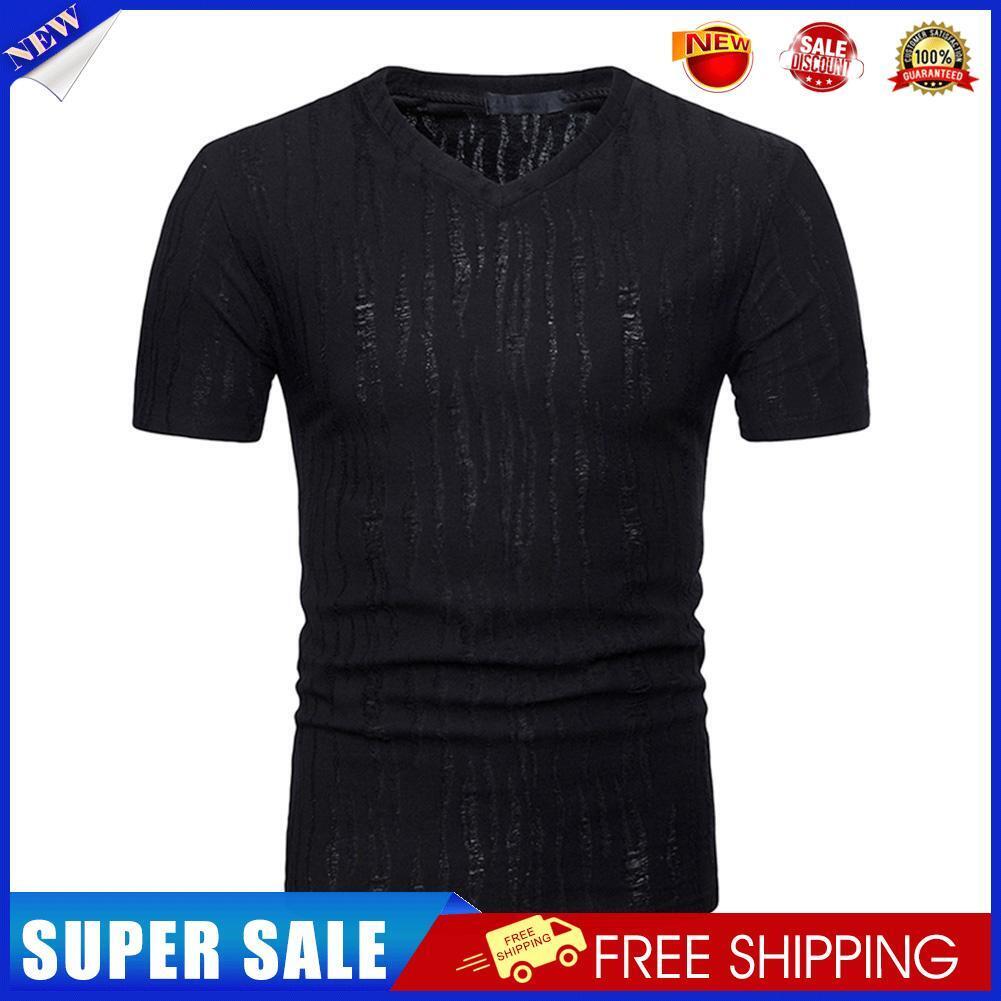Solid Color Men V Neck Short Sleeve T-Shirts Ripped Tops(Black)(XXL)