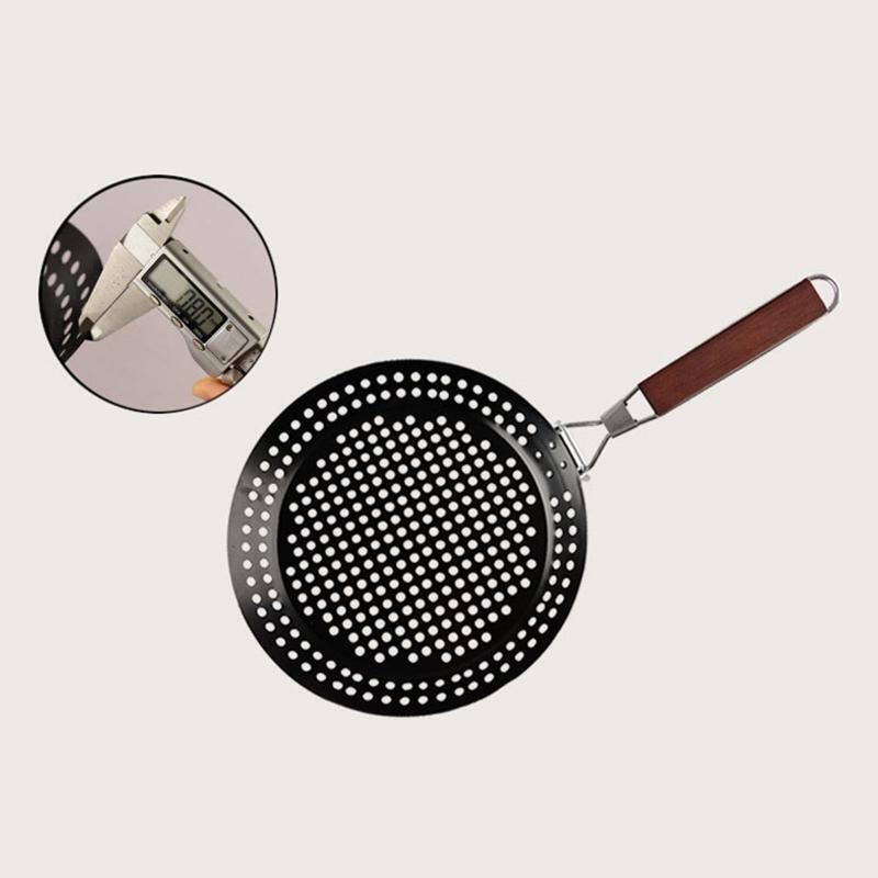 Round Grilling Basket with Wooden Handle Foldable Non-Stick Grill Skillet Pan