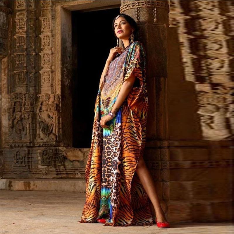 Women Middle East Kaftan Robe Beach Dress Boho Leopard Print Swimsuit Cover Up