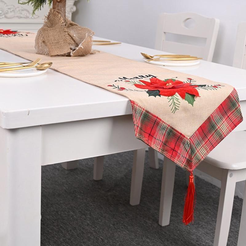 Merry Christmas Table Runner  Red Flower Indoor Outdoor Home Party Decoration
