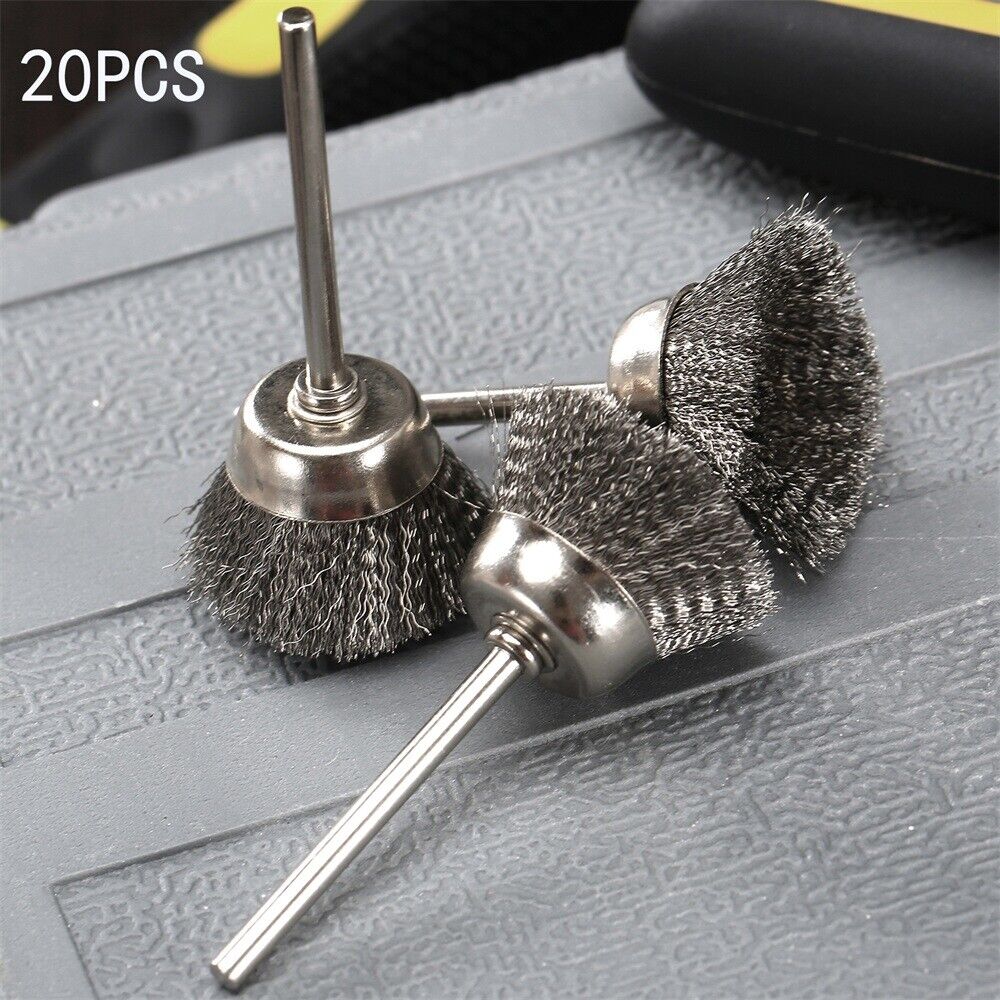 20Pcs Stainless Steel Burr Brush Cup Polishing Buffing Shank Power Rotary Tool