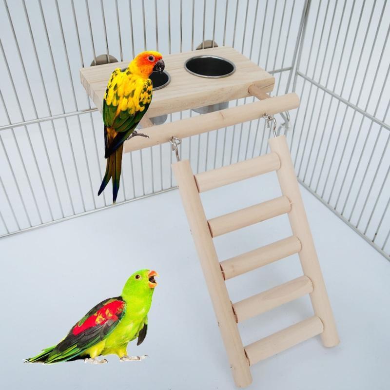Birds Food Dish Stainless Steel Feeding Cups with Wood Platform and Ladder