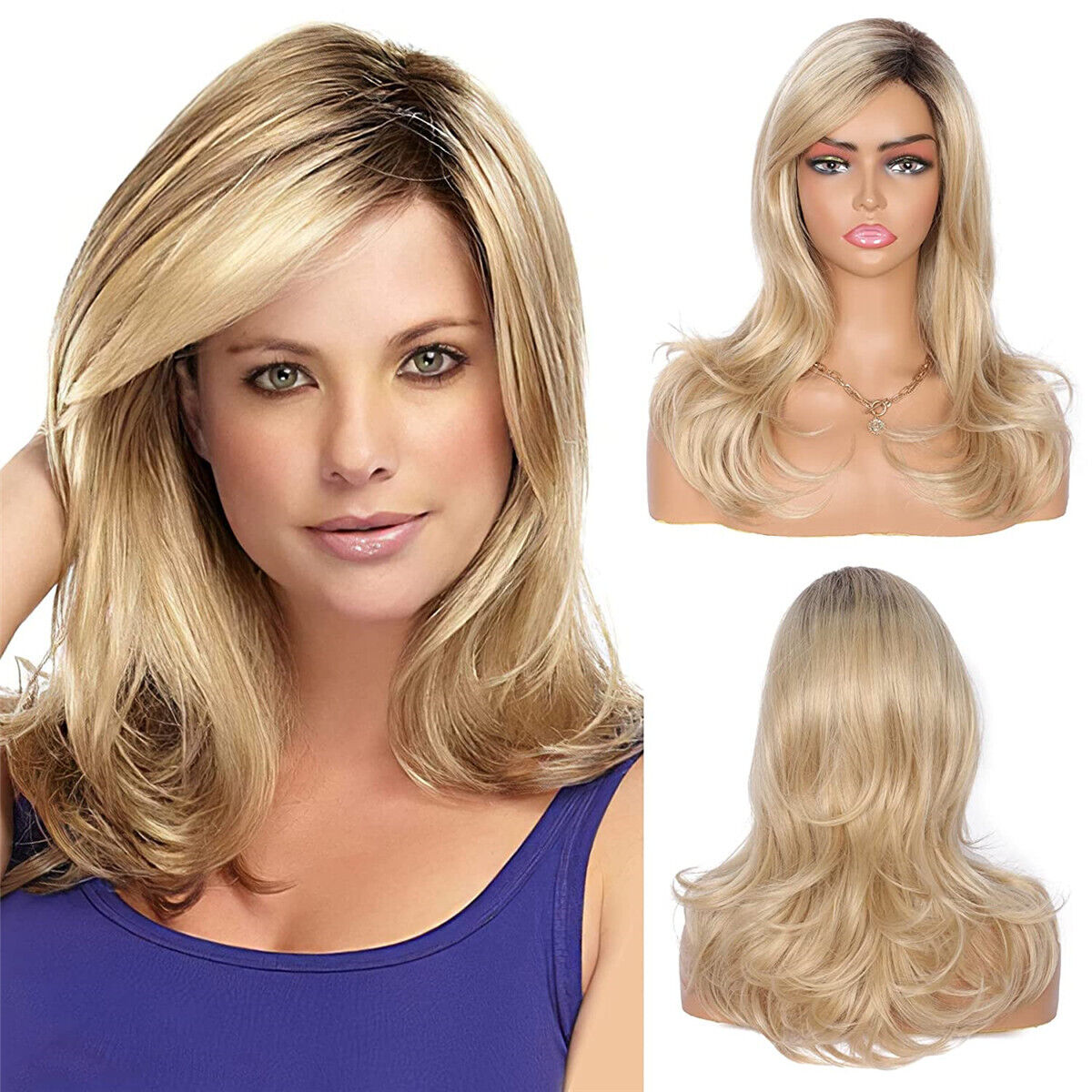 Ladies Ombre Blonde Dark Brown Roots Long Curly Wavy Heat Resistant Hair Wig
