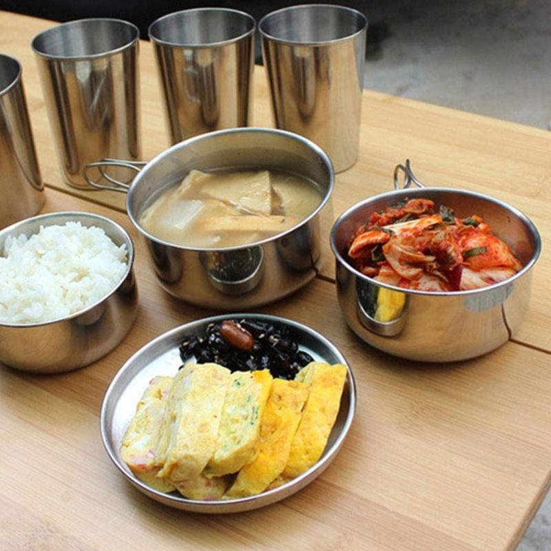 8 Pcs Stainless Steel Cookware Mess Kit Portable Compact Camping Pot Pans Cups