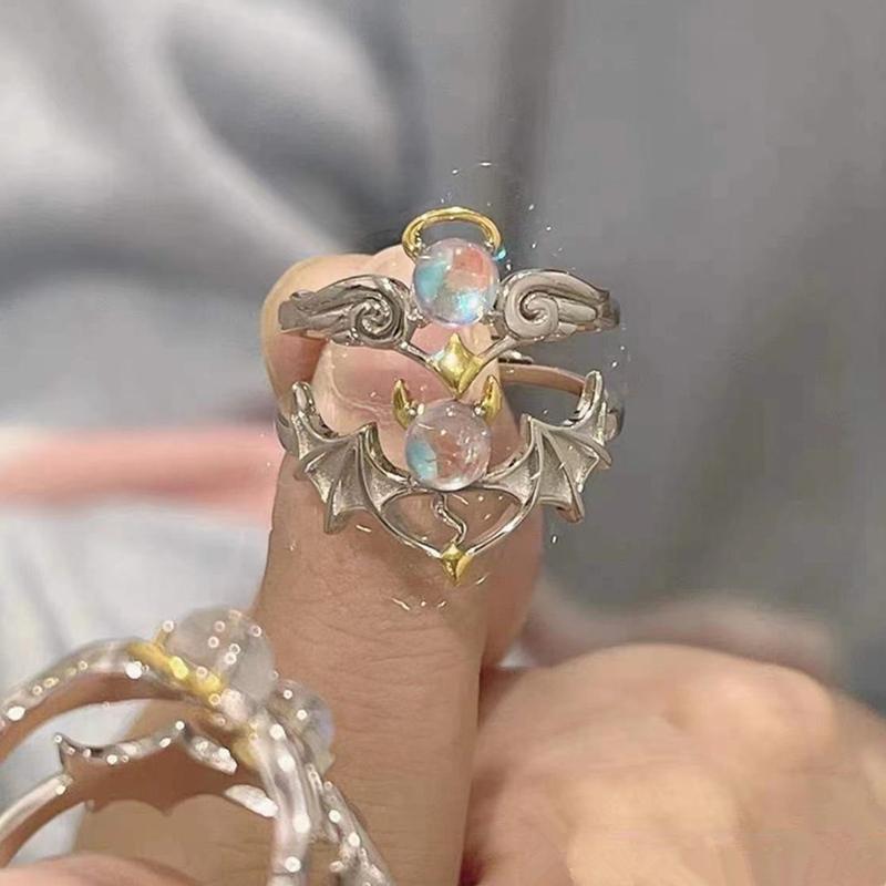 2 Pieces Women Men Lovers Ring Angel Demon Couple Ring Adjustable Open Ring Gift