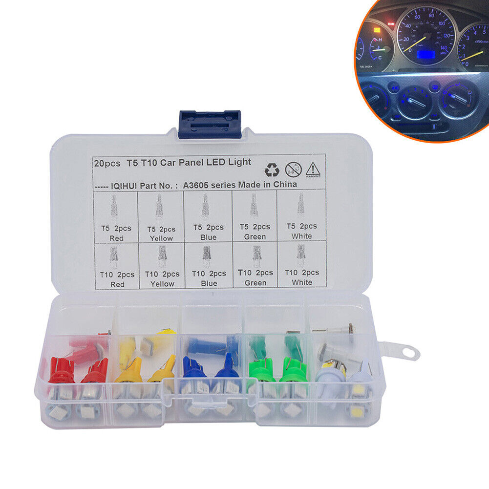 20pcs Assorted T5 T10 LED Bulbs for Car Motorcycle Instrument Cluster Light
