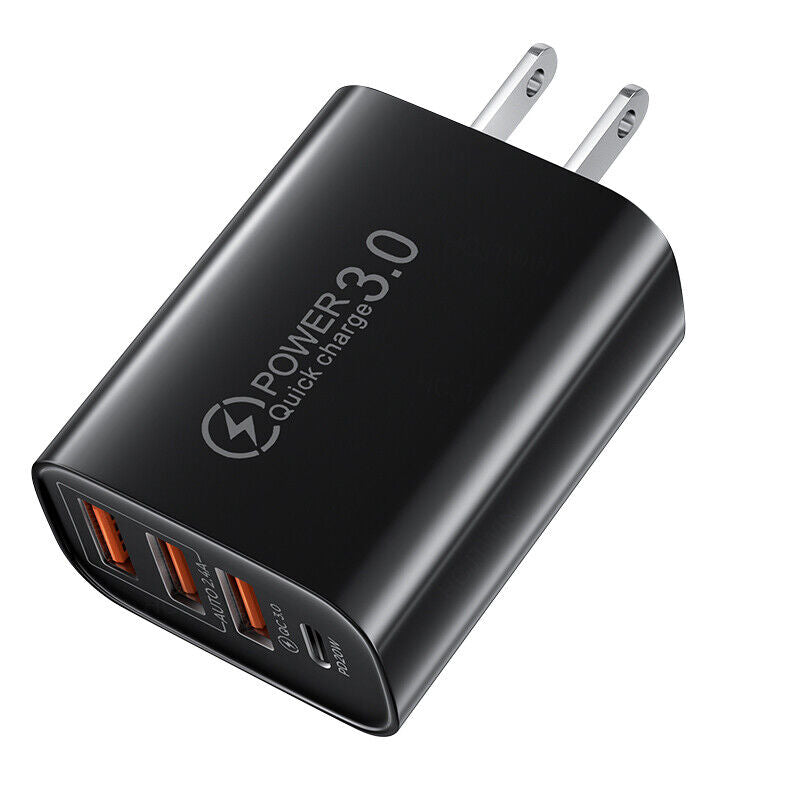 3USB+PD20W Type-C Phone Charger Smartphone Charging Adapter (US Plug Black)