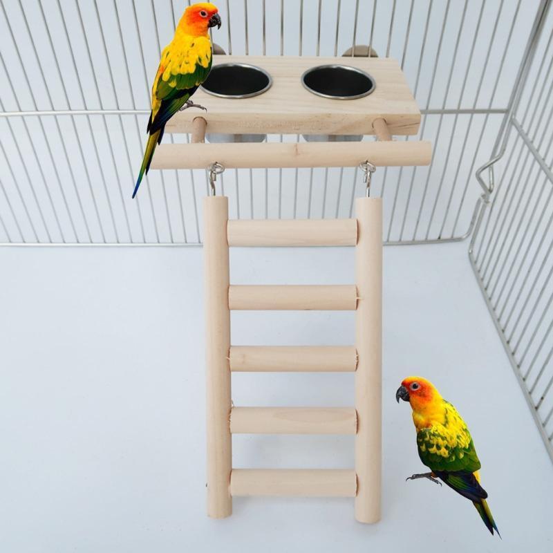 Birds Food Dish Stainless Steel Feeding Cups with Wood Platform and Ladder