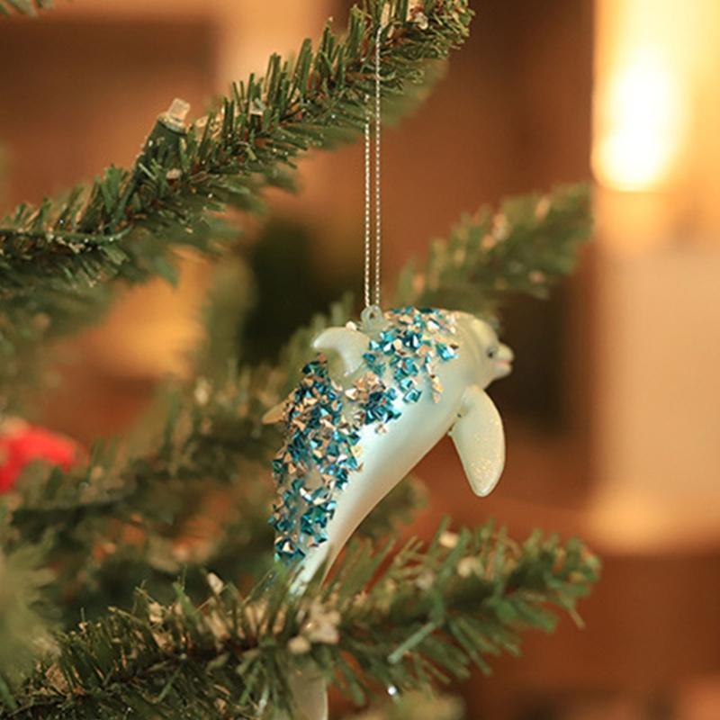 Christmas Tree Ornament Cute Glittered Glass Jeweled Dolphin Hanging Pendant
