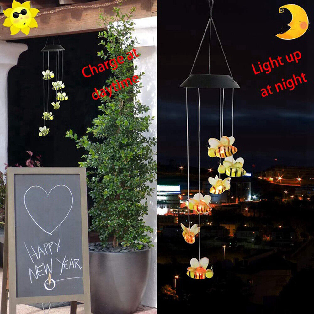 Honey Bee Wind Chime Solar Lamps Outdoor Hanging Pendant Light Garden Decor