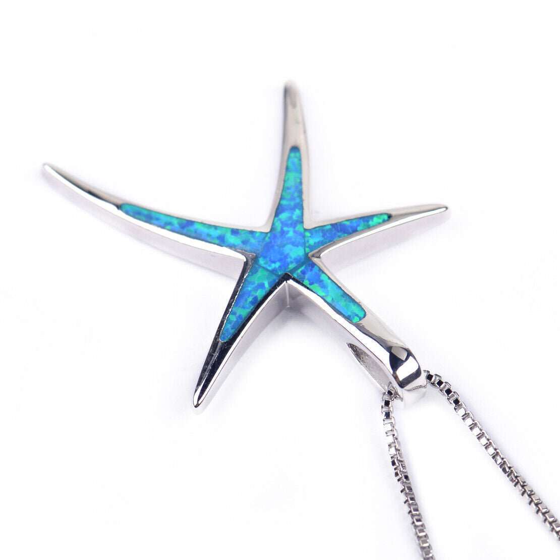 Blue Starfish Opal Necklace Pentagram Star Pendant Chain Ocean Theme Jewelry Li