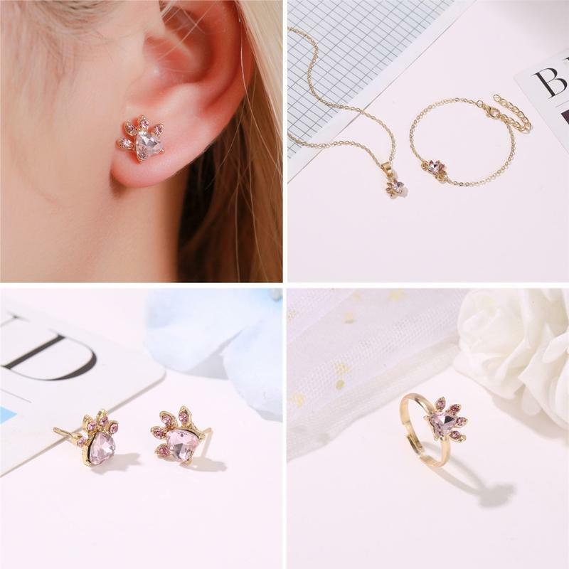 Fashion Finger Ring Pink Crystals Cat Paw Pendant Necklace Earrings Bracelet Ins